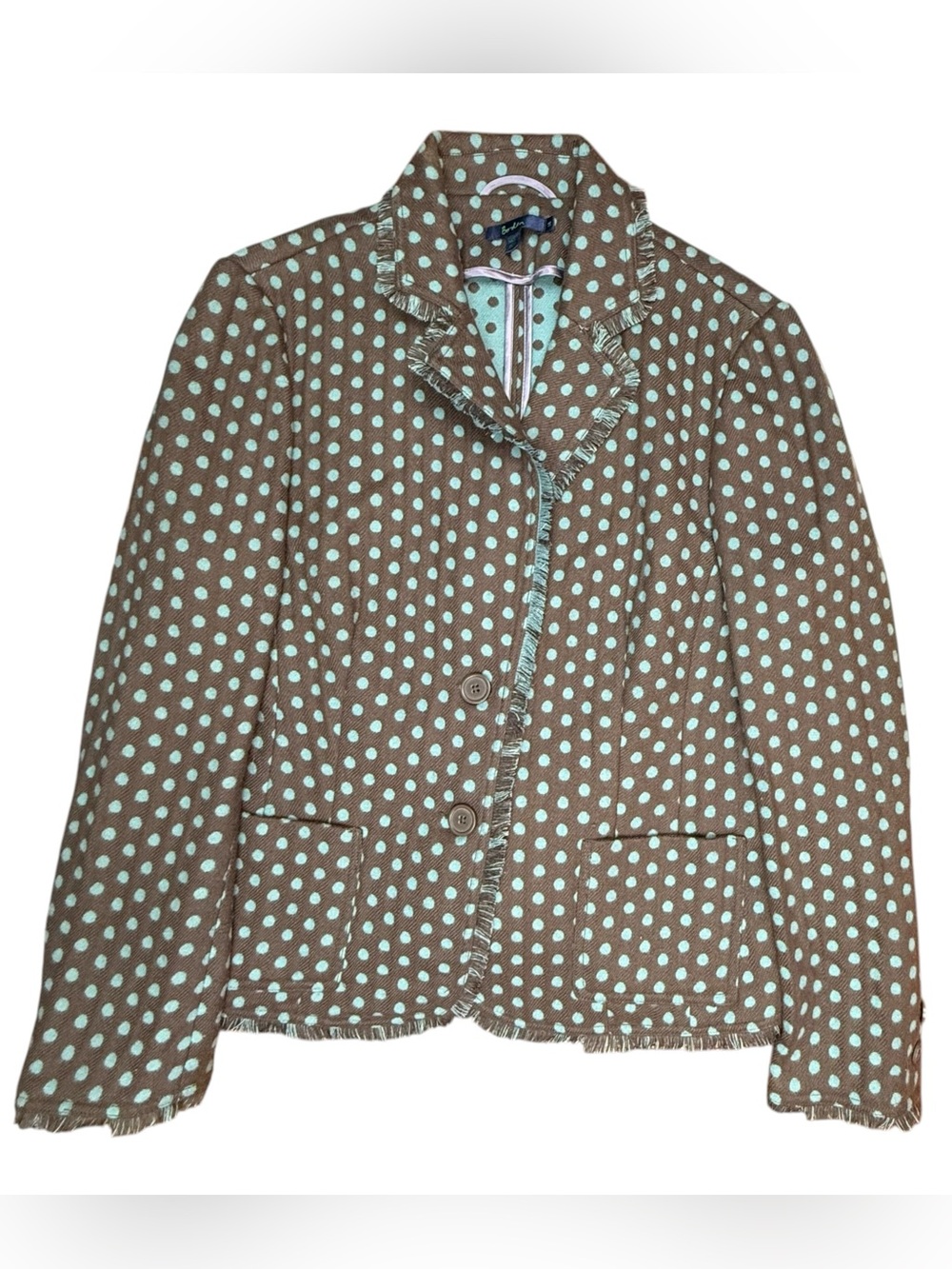 Boden Brown Teal Polka Dot Wool Blend Blazer Fringe Trim Size 14